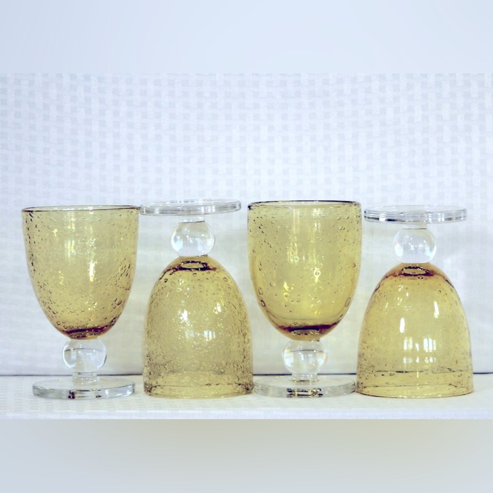 Tag Yellow Bubble Glass Goblets 10oz Hand Blown Glasses with Ball Knob Set of 4